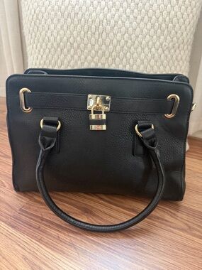 Black Structured Satchel Handbag with Gold Hardware